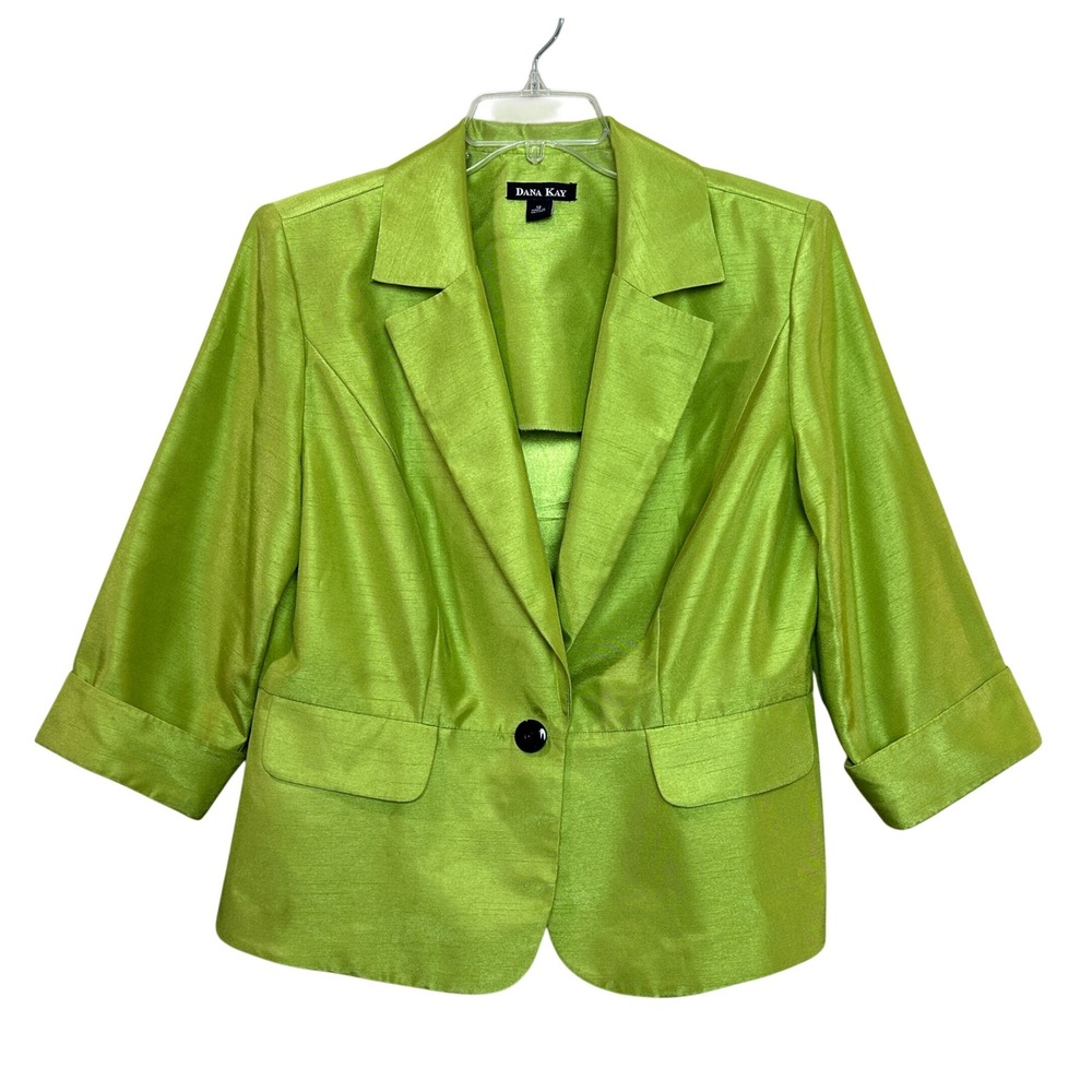 Dana Kay Blazer Women 12 Lime Green Faux Silk Shantung Office Evening Classic